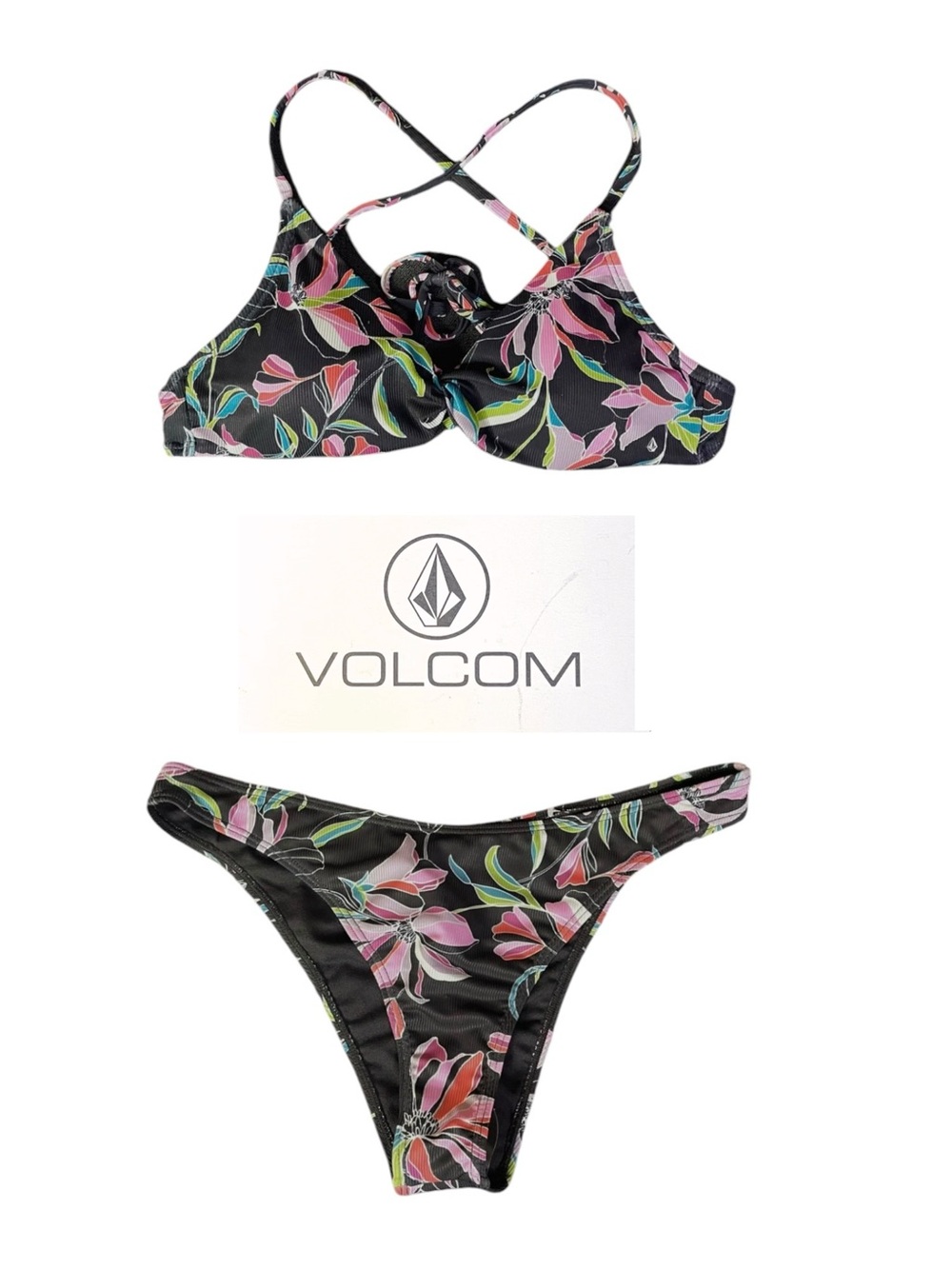 VOLCOM 2pc Bikini Set Lg Black Pink Purple Floral Cross-Back High-Cut Cheeky NWT